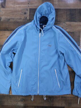 Le Tigre Mens Medium Light Blue Windbreaker Jacket with Hood Zip Pockets